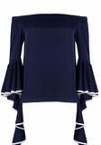 Off shoulder navy blouse with frilled sleeves
