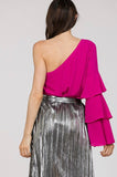 magenta one shoulder blouse with ruffle sleeve