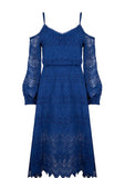 jovonna london open shoulder blue lace dress